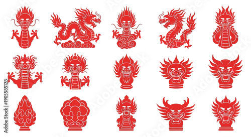 Collection of traditional Chinese dragon and mythical creature illustrations in red, perfect for cultural art, graphic design, and symbolic representation