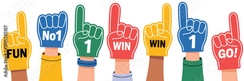 Foam Finger Hands Illustration, Cheering Fan Gloves For Sports Victory Celebration, Team Support Vector Design.