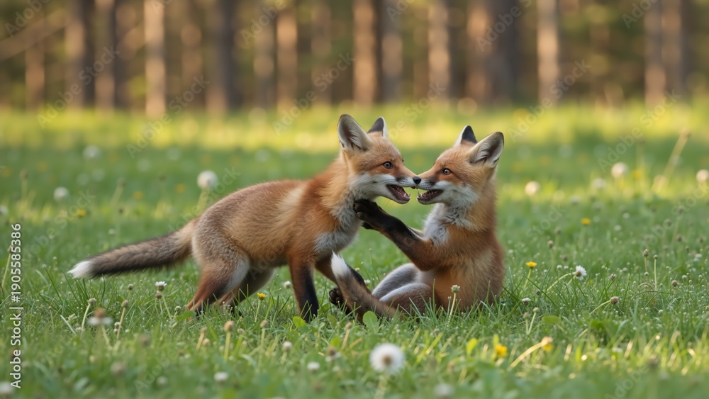 Naklejka premium Two playful red fox kits interacting in a green meadow. Wild animal siblings playing in grass with forest background