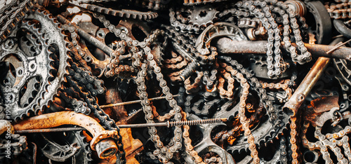 Tablou pe pânză A detailed macro study of industrial decay: close-up textures of rusty chains, gears, and sprockets in a scrap metal pile, remnants of machinery from an abandoned factory yard