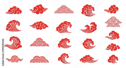 Vector illustrations of traditional Asian cloud and wave designs in various formations and styles, symbolizing prosperity, good fortune, and natural power in decorative art