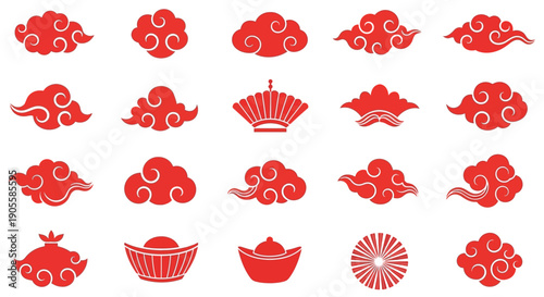 Collection of auspicious Chinese cloud patterns and traditional objects in red, symbolizing good fortune and prosperity, perfect for festive decorations and cultural designs