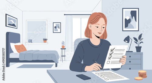 Vector illustration in Scandinavian minimalism. A young woman with fair skin, freckles, and a slender build calmly reviews a handwritten checklist.
