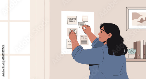 Flat vector illustration in a calm color scheme. A young woman with olive skin pins sticky notes with personal goals to the wall in a cozy home office.
