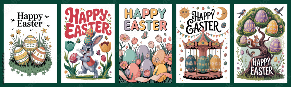Fototapeta premium Happy Easter Collection with Eggs, Bunny, and Spring Designs