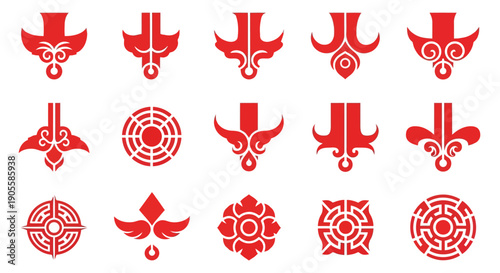 A Collection of Red Ornamental Symbols and Abstract Designs on a White Background, Featuring Intricate Patterns and Decorative Elements for Graphic Design Applications