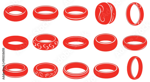 Set of Various Red Rings With Decorative Elements, Showcasing Unique Designs and Patterns on a White Background, Presented as a Collection of Circular Ornaments