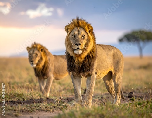 Wallpaper Mural Two male lions stand in a grassy savanna under a colorful sunset sky with a lone tree in the background Torontodigital.ca