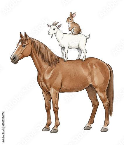 Brown horse standing calmly with a white goat on its back and a small rabbit on the goat's back illustration