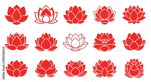 Collection of stylized red lotus flower icons, symbolizing purity, enlightenment, and rebirth, perfect for yoga, spa, and wellness branding