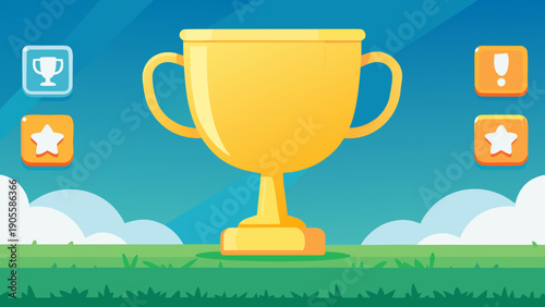 Golden trophy icon on green grass with blue sky and white clouds symbolizing achievement and success in games or competitions