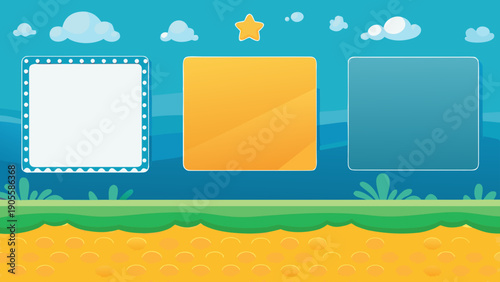 Colorful cartoon game ui panel with blank frames blue sky clouds and star on a sunny background