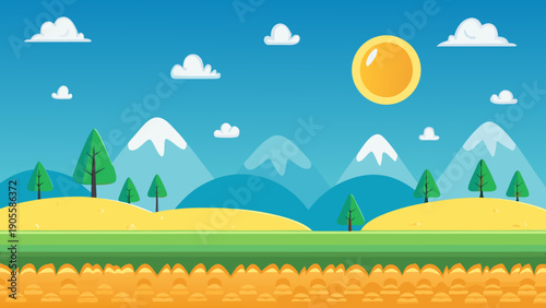 Vibrant fantasy landscape with sun mountains trees and hills in a serene natural setting