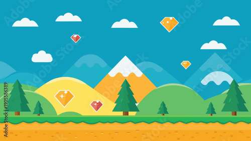 Colorful cartoon landscape with hot air balloons flying over mountains and trees under a blue sky with clouds