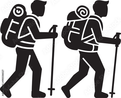 Silhouette of hikers with backpacks and trekking poles, symbolizing outdoor adventure and exploration.