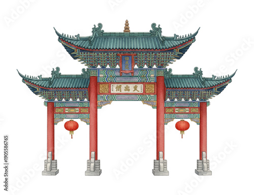 Traditional Chinese Archway with Red Pillars Green Roofs and Intricate Patterns Celebrating Culture