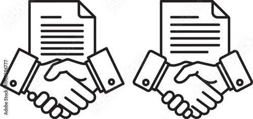 Handshake with contract agreement, business deal and partnership concept, vector icons.