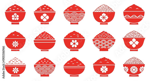 A Collection of Fifteen Red Bowls Filled with Rice, Featuring Intricate White Patterns Inspired by Traditional Asian Designs, Perfect for Culinary or Cultural Themes