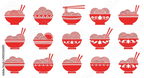 A collection of red bowls with various food items and chopsticks, presented as a set of icons representing meals, dishes, and cuisine diversity