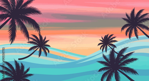 Vibrant Pixel Art Sunset Over Tropical Ocean Waves with Palm Trees