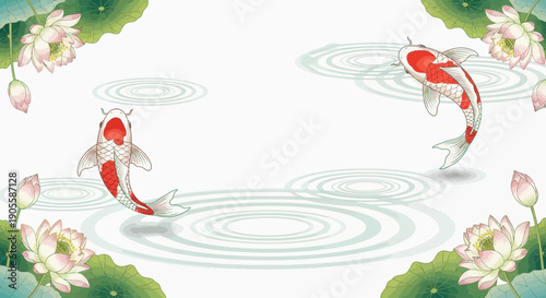 Koi Fish Swimming in Lotus Pond with Ripples