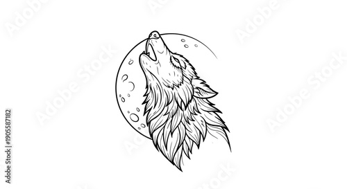 Wolf howling at the moon, line art illustration