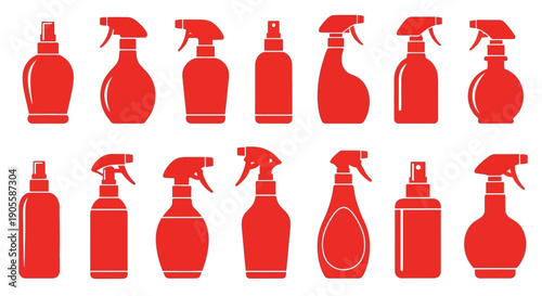 Colorful set of red spray bottles, featuring a wide range of designs and capacities for cleaning, gardening, and beauty products, vector illustration