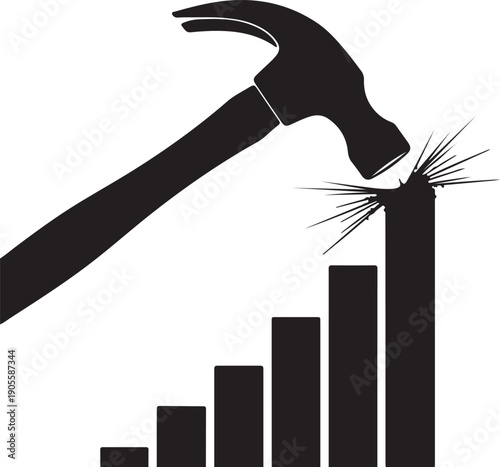 Hammer smashing a bar graph isolated on transparent background