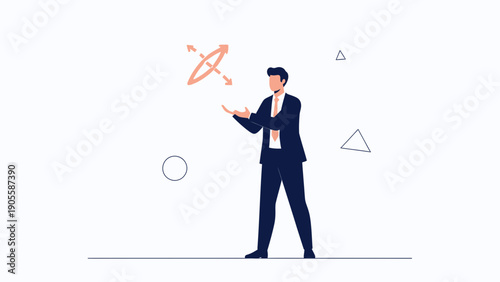 Businessman juggling abstract shapes and arrows, concept of strategy and planning