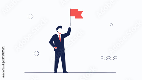Businessman holding red flag, concept of success, achievement, leadership
