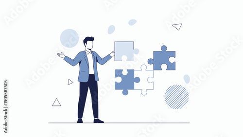 Businessman connecting puzzle pieces, teamwork, strategy, problem solving concept