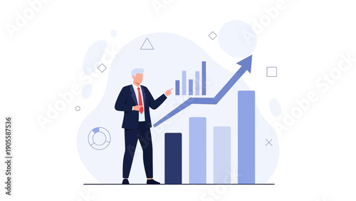 Businessman presenting financial growth chart with upward arrow, business concept illustration
