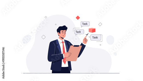 Businessman managing tasks on clipboard, with speech bubbles indicating to-do list items