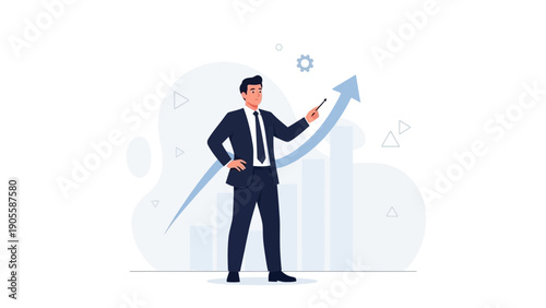 Businessman pointing to upward trending arrow and bar graph, concept of growth