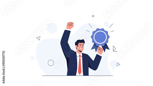 Successful Businessman Celebrating Victory Holding Blue Award Ribbon and Medal