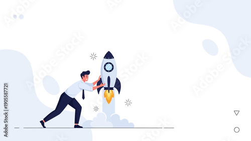 Businessman pushing rocket for startup launch, business concept illustration