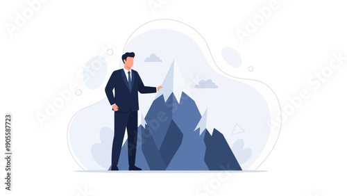 Businessman Reaching Mountain Peak, Business Success and Goals Concept
