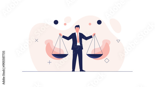 Businessman balancing scales, concept of justice, law, fairness and decision making
