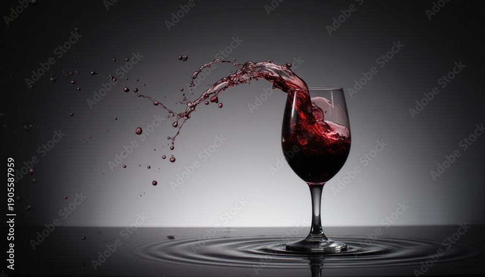Fototapeta premium Red wine splashing dramatically in clear glass on reflective surface against grey background. Dynamic and visually impressive scene with elegance. Concept for celebration, wine tasting. Studio photo.