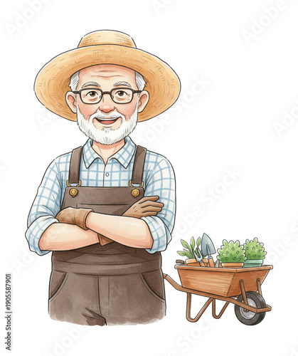Happy Caucasian Old Gardener Man Standing Smiling with Straw Hat Glasses Beard Overalls Gloves and Wheelbarrow