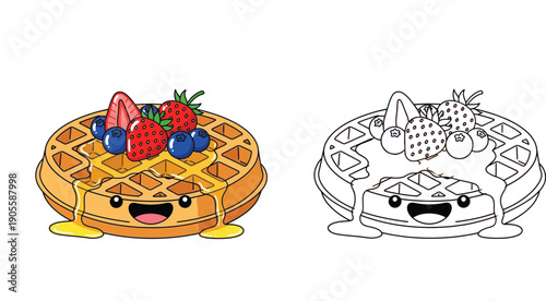 Cute kawaii waffle character with strawberries and blueberries. Vector illustration set with colored and black and white outline version for coloring book page.