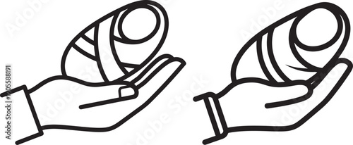 Hand holding a bandage wrapped finger, injury, first aid or medical care concept, vector.