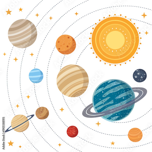 Colorful flat vector illustration depicting the solar system with the sun and planets in orbit against a white background with star accents