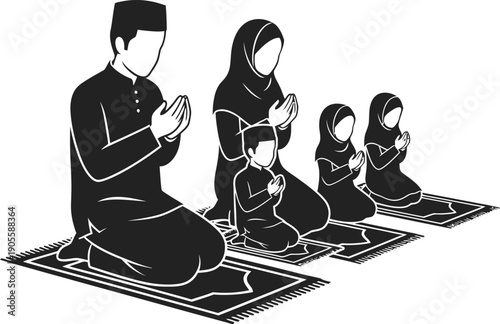 Islamic family praying on prayer mats, father, mother, son, and daughter in silhouette, hands clasped in supplication, reflecting faith, devotion, and togetherness during religious practice.