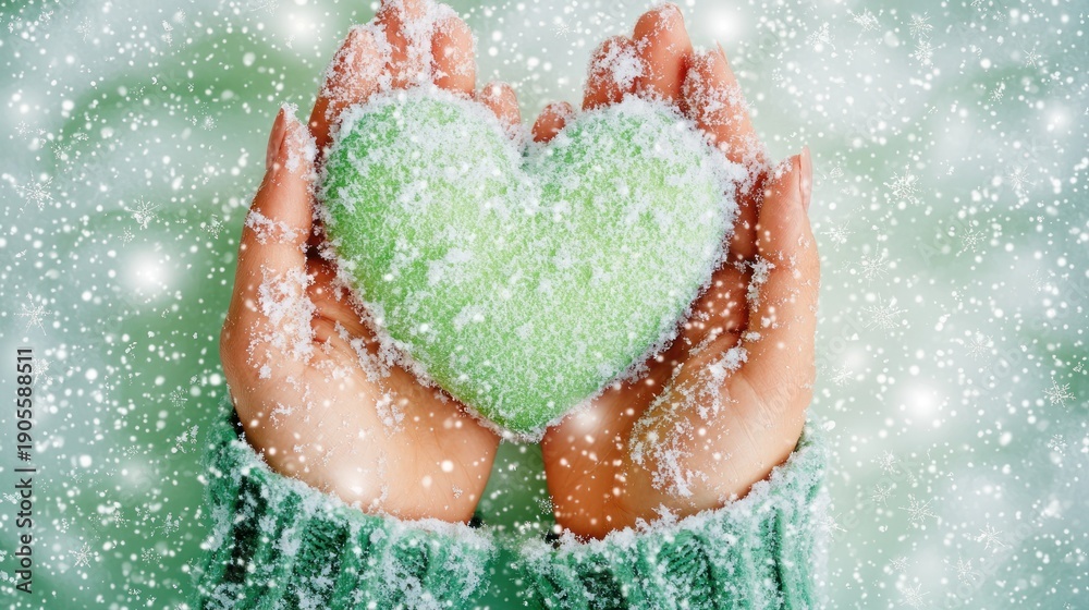 Fototapeta premium Person holds green heart covered in snow in hands outdoors