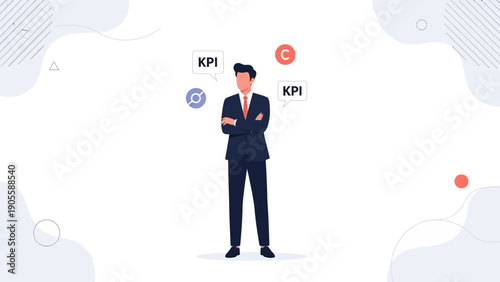 Businessman Thinking About KPI, Strategy, Success - Flat Design Illustration