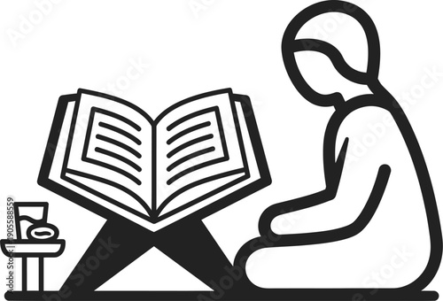 Islamic student studying holy book with water and dates on side table for iftar time silhouette design elements for religious education and ramadan fasting breaks and spiritual growth illustrations