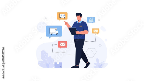 Logistics Manager Planning Delivery Route with Digital Tools and Icons