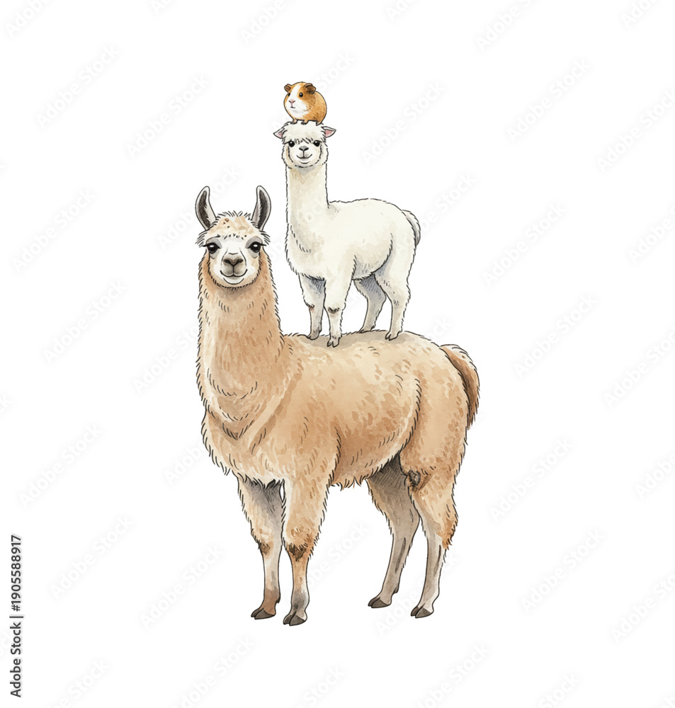 Naklejka premium Happy llamas and a guinea pig stacked on top of each other a cheerful animal tower illustration