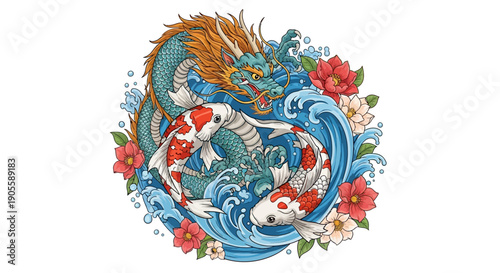 Dragon and Koi Fish in Water with Flowers, Japanese Art Style